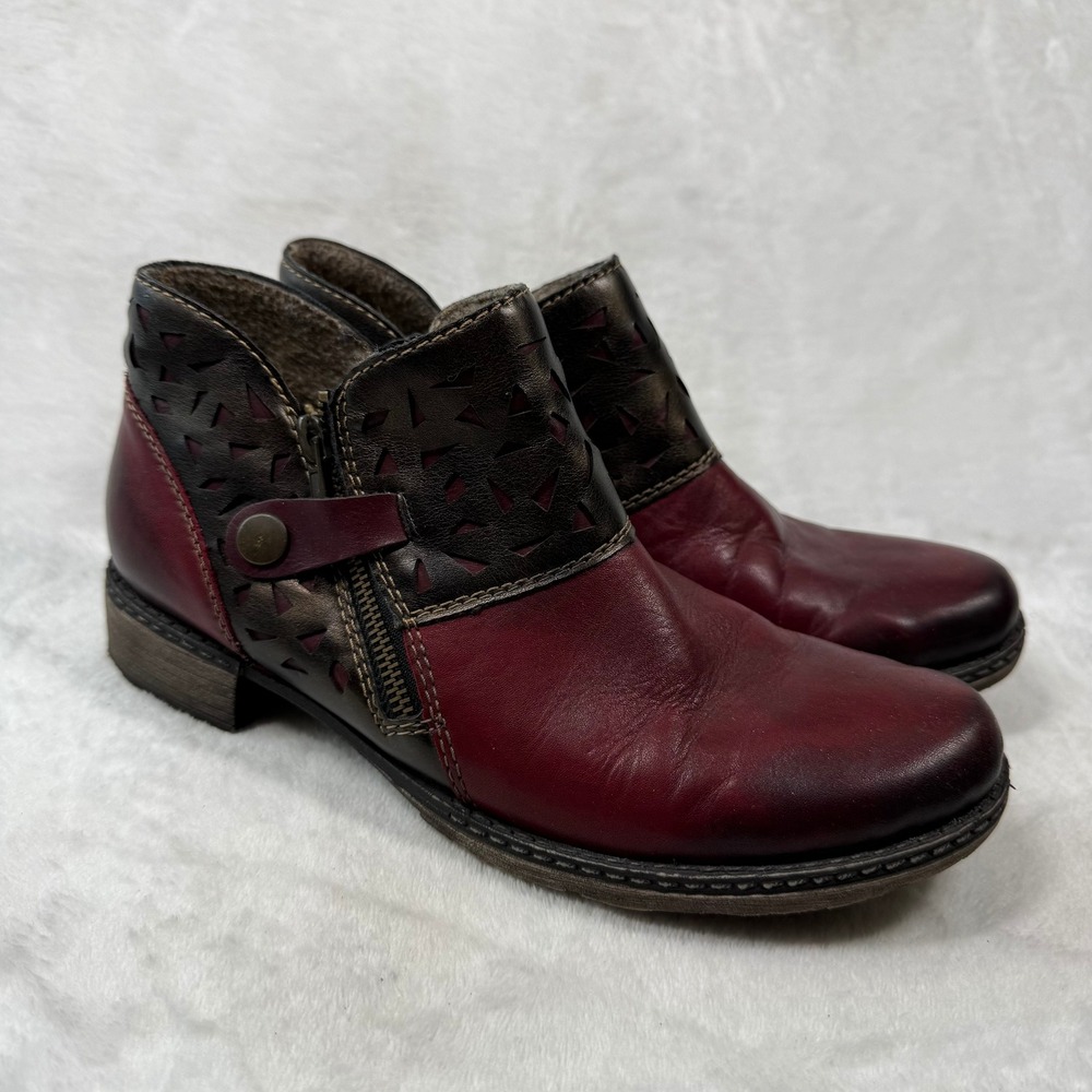 Remonte Women Burgundy Red Metallic Bronze Laser Cut Leather Ankle Boots Size 39